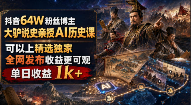 抖音64W粉丝博主大驴说史亲授AI历史课，可以上精选独家，全网发布收益更可观，单日收益1k+-LanTi云网创
