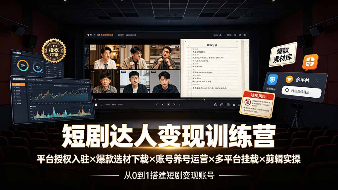 短剧达人变现训练营：平台授权入驻×爆款选材下载×账号养号运营×多平台挂载×剪辑实操×违规处理全流程-LanTi云网创