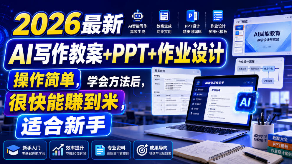 2026最新AI写作教案+PPT+作业设计，操作简单，学会方法后，很快能賺到米，适合新手-LanTi云网创