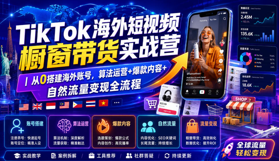 TikTok海外短视频橱窗带货实战营｜从0搭建海外账号，算法运营+爆款内容+自然流量变现全流程-LanTi云网创