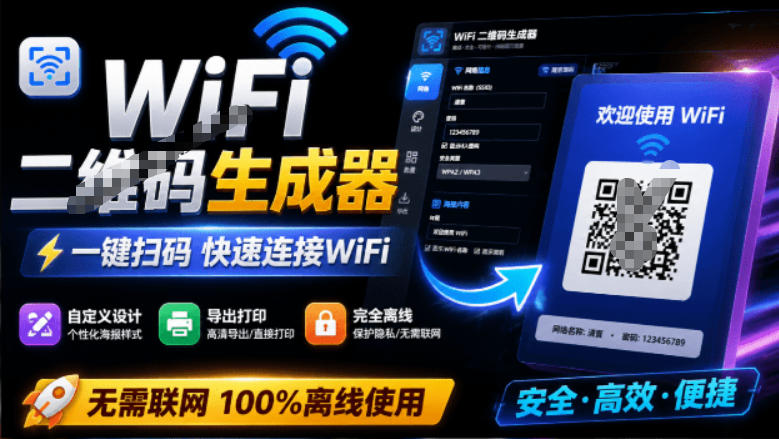 完全离线使用！WiFi二维码生成器，一键扫码快速连接WiFi，支持自定义风格导出WiFi二维码生成器-LanTi云网创