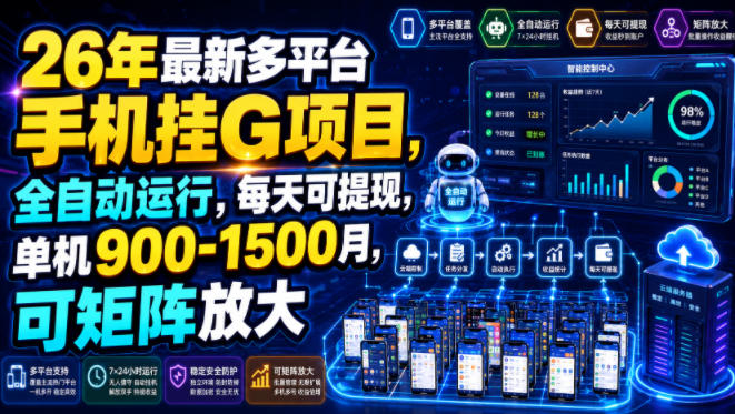 26年最新多平台手机挂G项目，全自动运行，每天可提现，单机900-1500月，可矩阵放大【揭秘】-LanTi云网创
