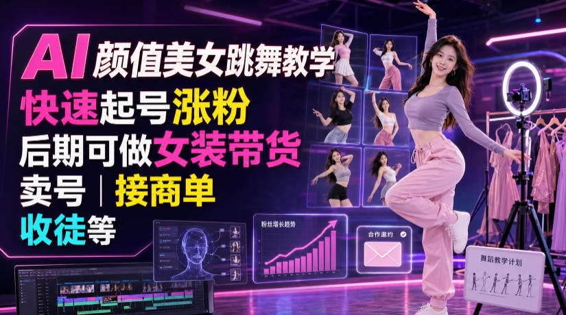 AI颜值美女跳舞教学,快速起号涨粉,后期可做女装带货,卖号,接商单,收徒等