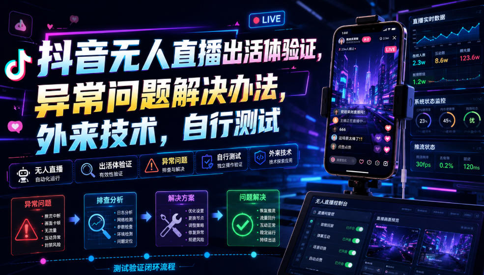 抖音无人直播出活体验证,异常问题解决办法,外来技术,自行测试
