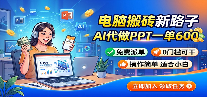 电脑搬砖新路子：AI代做PPT一单600，免费派单，0门槛可干-LanTi云网创