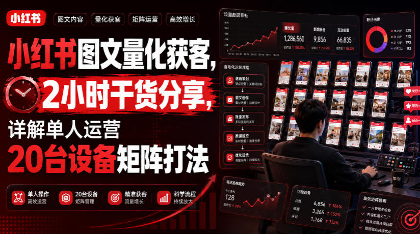 小红书图文量化获客，2小时干货分享，详解单人运营20台设备矩阵打法-LanTi云网创