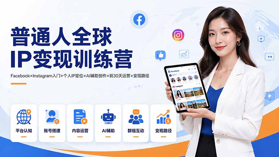 普通人全球IP变现训练营：Facebook×Instagram入门×个人IP定位×AI辅助创作×前30天运营×变现路径-LanTi云网创