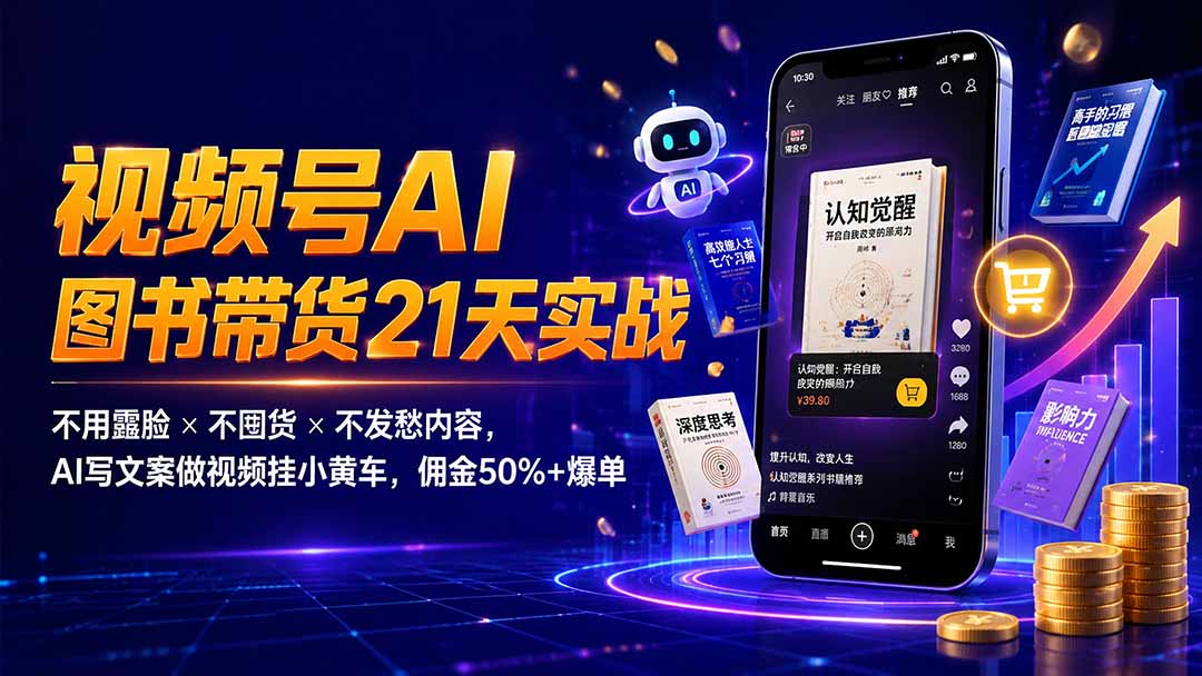 繁花视频号AI图书带货21天实战：不用露脸×不囤货×不发愁内容，AI写文案做视频挂小黄车，佣金50%+爆单-LanTi云网创