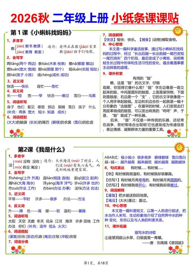 26秋二上语文小纸条课课贴18页-LanTi云网创