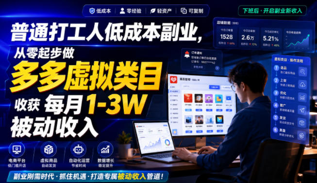 普通打工人低成本副业，从零起步做多多虚拟类目，收获每月1-3W被动收入【揭秘】-LanTi云网创