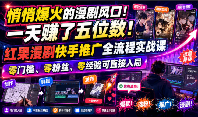 悄悄爆火的漫剧风口！一天賺了五位数！红果漫剧快手推广全流程实战课，零门槛、零粉丝、零经验可直接入局-LanTi云网创