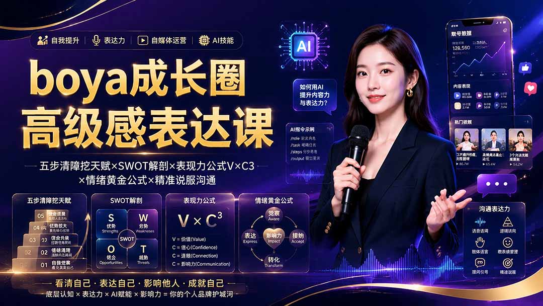 boya成长圈｜内心成长高级表达AI自媒体三合一，消解内耗挖掘天赋，镜头沟通AI指令短视频全流程教学-LanTi云网创