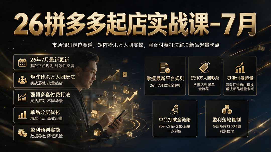26拼多多起店实战课-7月｜市场调研定位赛道，矩阵秒杀万人团实操，强弱付费打法解决新品起量卡点-LanTi云网创
