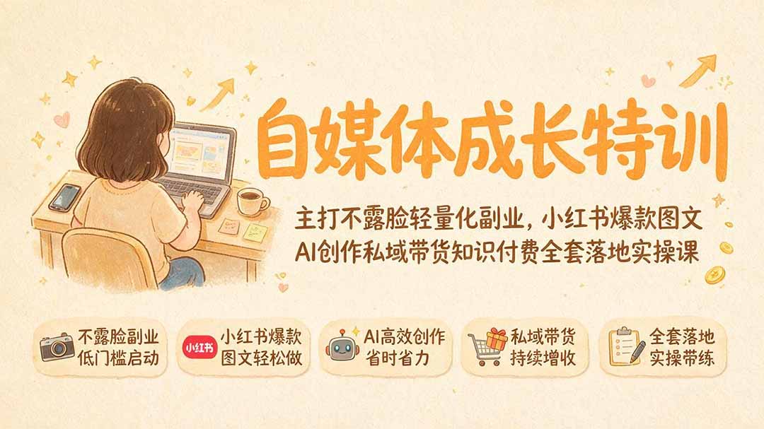 自媒体成长特训｜主打不露脸轻量化副业，小红书爆款图文AI创作私域带货知识付费全套落地实操课-LanTi云网创