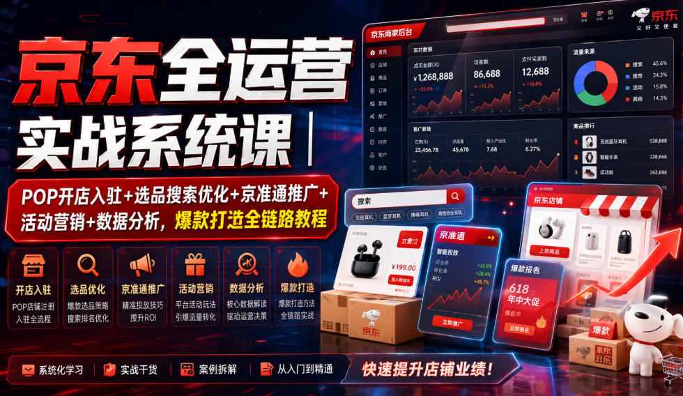 京东全运营实战系统课｜POP开店入驻+选品搜索优化+京准通推广+活动营销+数据分析，爆款打造全链路教程-LanTi云网创