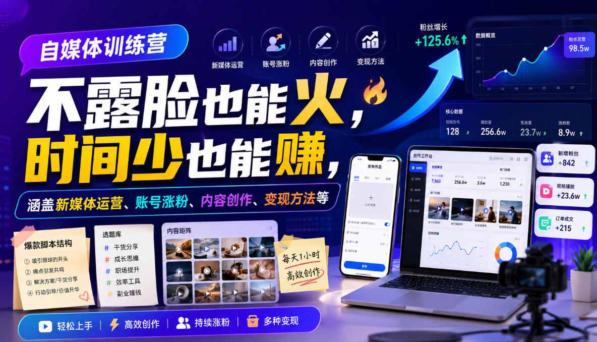自媒体训练营，不露脸也能火，时间少也能賺，涵盖新媒体运营、账号涨粉、内容创作、变现方法等-LanTi云网创