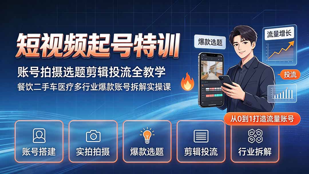 短视频起号特训｜账号拍摄选题剪辑投流全教学，餐饮二手车医疗多行业爆款账号拆解实操课-LanTi云网创