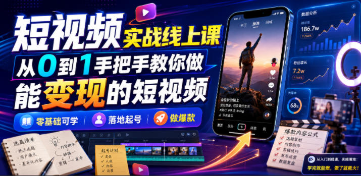 短视频实战线上课，从0到1手把手教你做能变现的短视频，零基础可学，落地起号做爆款-LanTi云网创