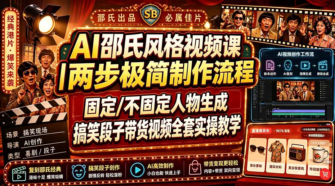 AI邵氏风格视频课｜两步极简制作流程，固定/不固定人物生成，搞笑段子带货视频全套实操教学-LanTi云网创