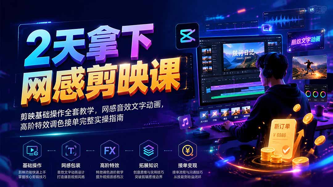 2天拿下网感剪辑课｜剪映基础操作全套教学，网感音效文字动画，高阶特效调色接单完整实操指南-LanTi云网创