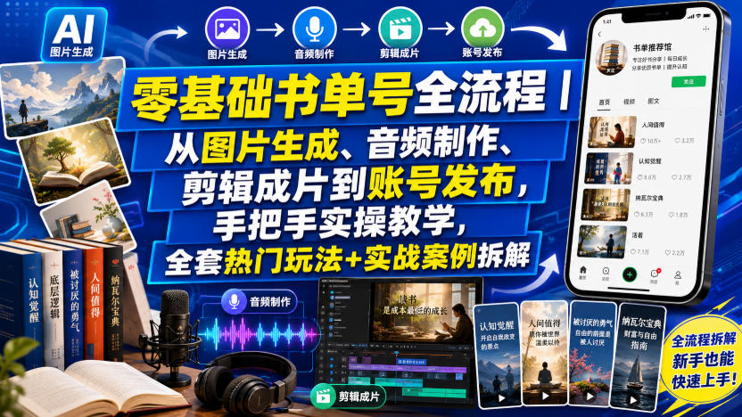 零基础书单号全流程｜从图片生成、音频制作、剪辑成片到账号发布，手把手实操教学，全套热门玩法+实战案例拆解-LanTi云网创
