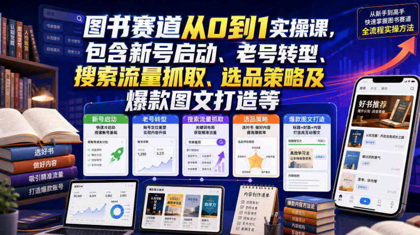 图书赛道从0到1实操课，包含新号启动、老号转型、搜索流量抓取、选品策略及爆款图文打造等-LanTi云网创