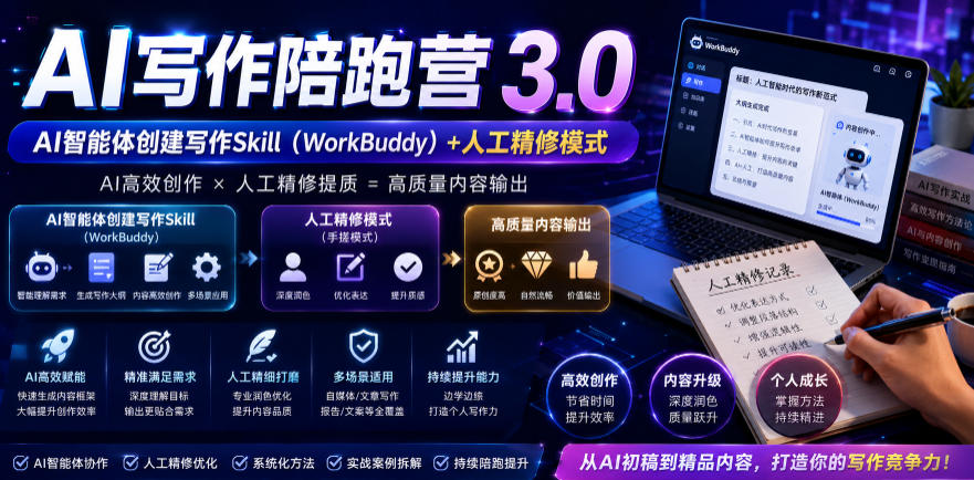 AI写作陪跑营3.0，Ai智能体创建写作skill(workbuddy)+人工手写模式(手搓模式)，去除AI痕迹(头条号、公众号、百家号)(更新0730)-LanTi云网创