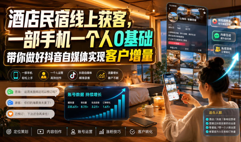 酒店民宿线上获客，一部手机一个人0基础带你做好抖音自媒体实现客户增量-LanTi云网创