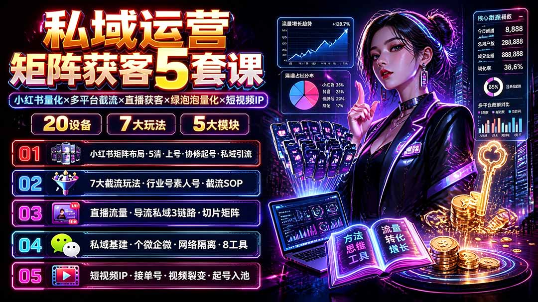 私域运营矩阵获客5套课：小红书量化×多平台截流×直播获客×绿泡泡量化×短视频IP×20设备×7大玩法-LanTi云网创