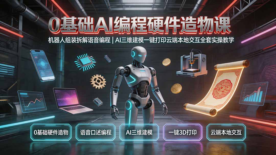 0基础AI编程硬件造物课｜机器人组装拆解语音编程，AI三维建模一键打印云端本地交互全套实操教学-LanTi云网创