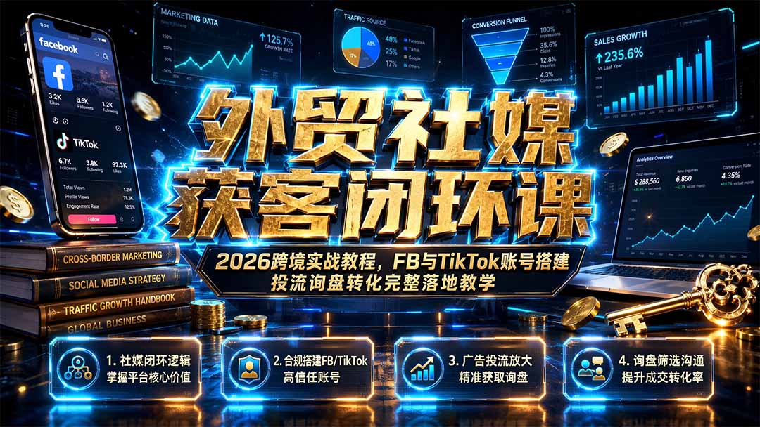 外贸社媒获客闭环课｜2026跨境实战教程，FB与TikTok账号搭建投流询盘转化完整落地教学-LanTi云网创