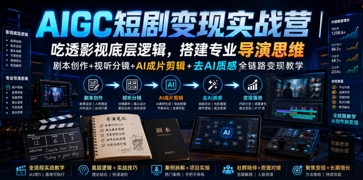 AIGC短剧变现实战营｜吃透影视底层逻辑，搭建专业导演思维，剧本创作+视听分镜+AI成片剪辑+去AI质感全链路变现教学-LanTi云网创