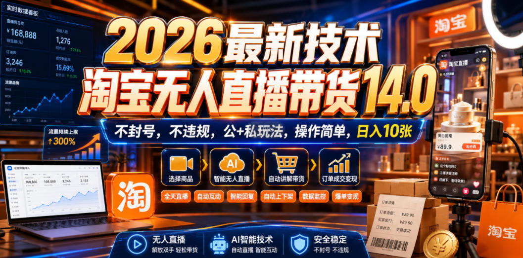 2026最新技术，淘宝无人直播带货14.0，不封号，不违规，公+私玩法，操作简单，日入10张【揭秘】-LanTi云网创