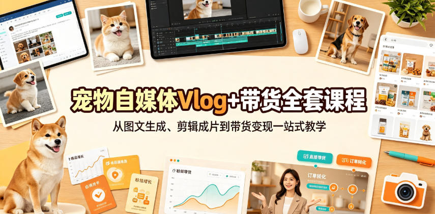 宠物自媒体Vlog+带货全套课程｜从图文生成、剪辑成片到带货变现一站式教学-LanTi云网创