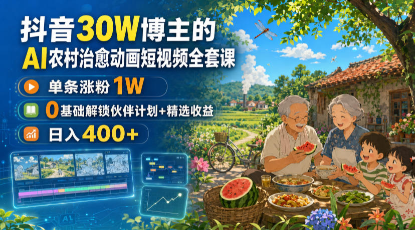 抖音30W博主的AI农村治愈动画短视频全套课｜单条涨粉1W，0基础解锁伙伴计划+精选收益，日入400+-LanTi云网创