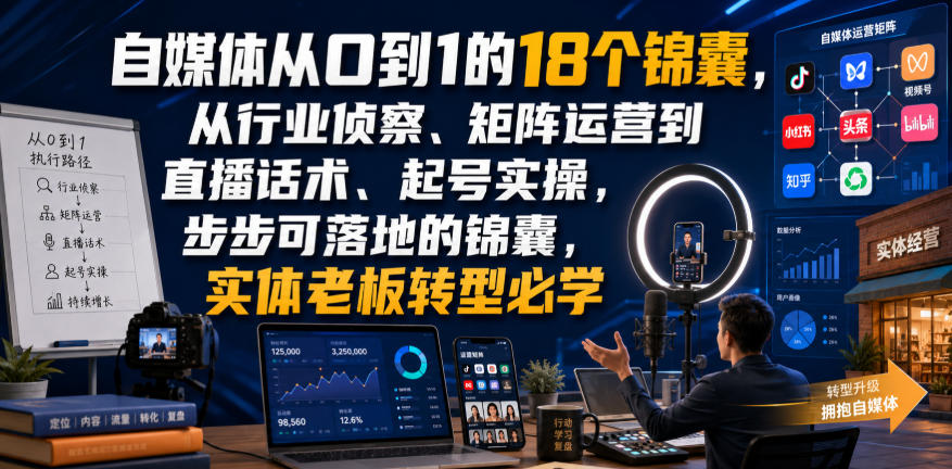 自媒体从0到1的18个锦囊，从行业侦察、矩阵运营到直播话术、起号实操，步步可落地的锦囊，实体老板转型必学-LanTi云网创