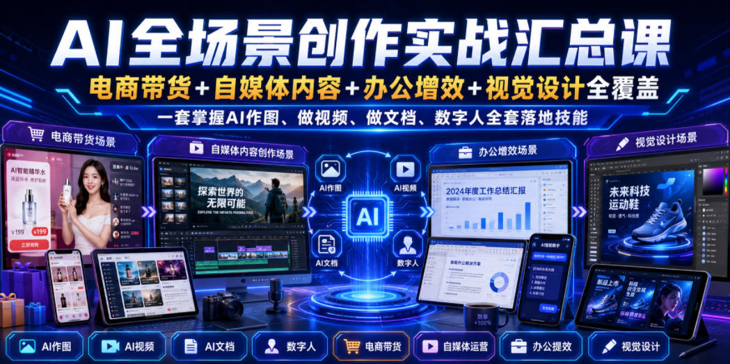 AI全场景创作实战汇总课｜电商带货+自媒体内容+办公增效+视觉设计全覆盖，一套掌握AI作图、做视频、做文档、数字人全套落地技能-LanTi云网创