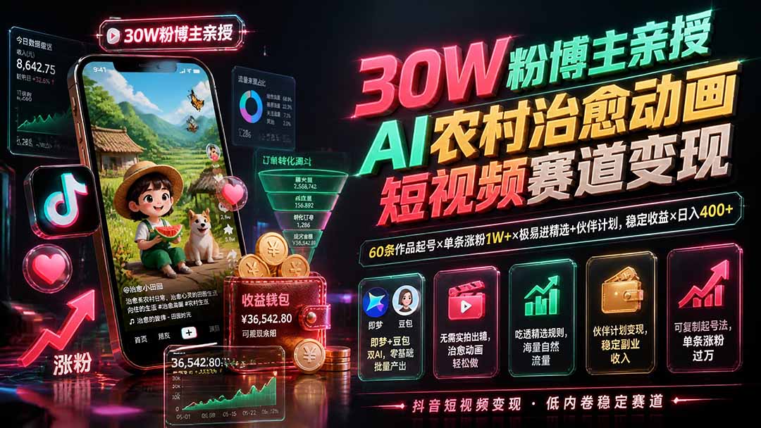 30W粉博主亲授AI农村治愈动画短视频赛道变现：60条作品起号×单条涨粉1W+×极易进精选+伙伴计划，稳定收益×日入400+-LanTi云网创