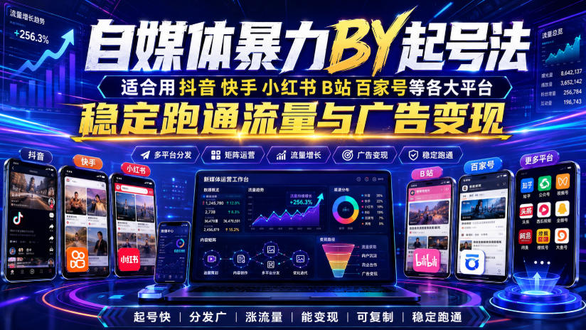 自媒体暴力搬运起号法，适合用抖音快手小红书B站百家号等各大平台，稳定跑通流量与广告变现-LanTi云网创