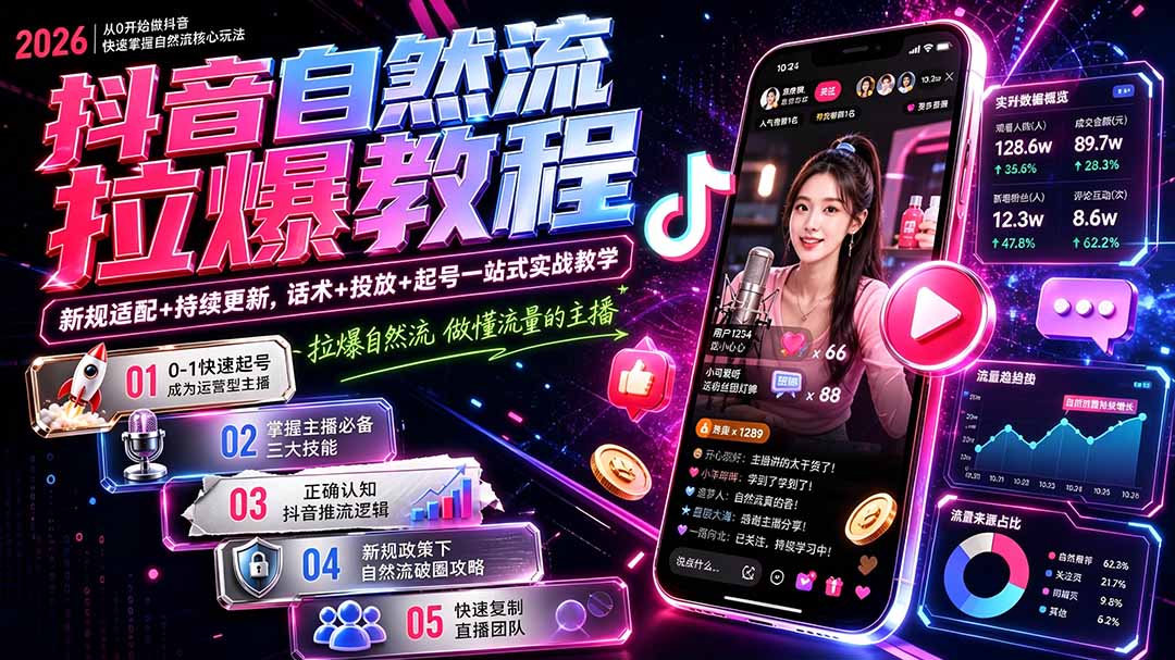 抖音自然流拉爆教程-更新7月：做懂流量的主播，新规适配+持续更新，话术+投放+起号一站式实战教学-LanTi云网创