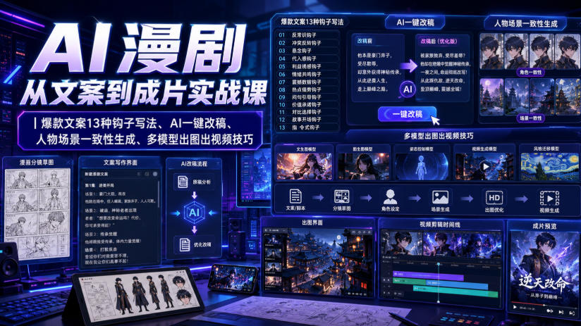 AI漫剧从文案到成片实战课｜爆款文案13种钩子写法、AI一键改稿、人物场景一致性生成、多模型出图出视频技巧-LanTi云网创
