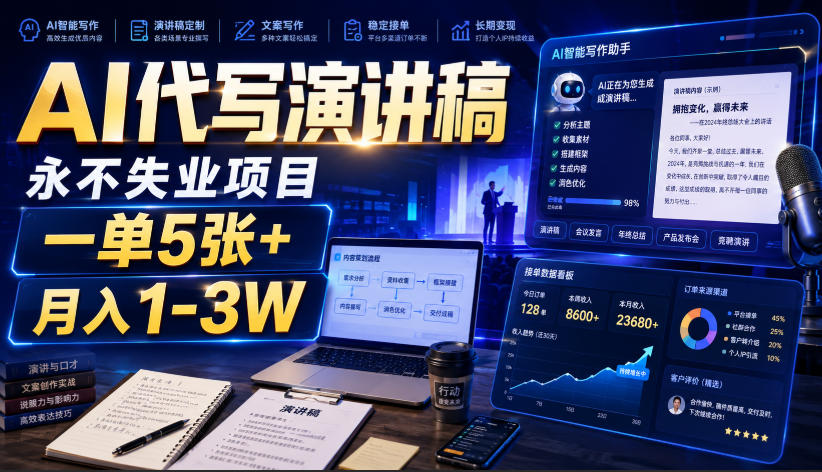AI代写演讲稿，永不失业项目，一单5张+，月入1-3W【揭秘】-LanTi云网创