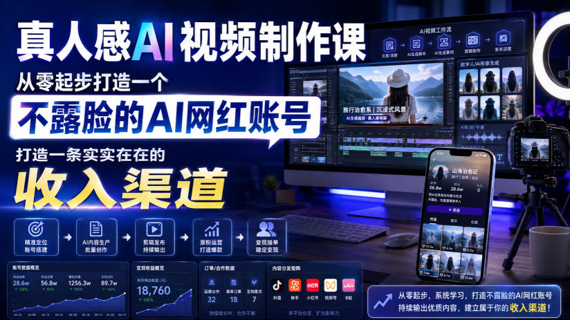 真人感AI视频制作课，从零起步打造一个不露脸的AI网红账号，打造一条实实在在的收入渠道【原创双语字幕】-LanTi云网创