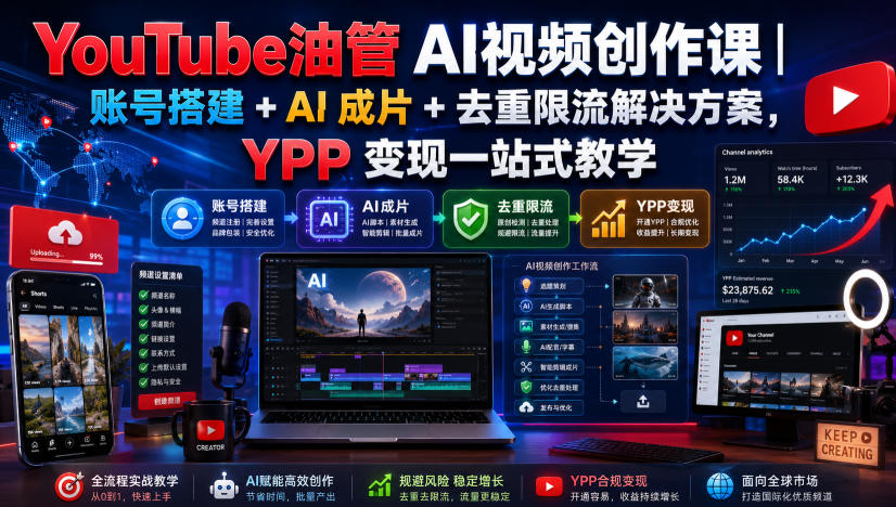 YouTube油管AI视频创作课｜账号搭建+AI成片+去重限流解决方案，YPP变现一站式教学-LanTi云网创