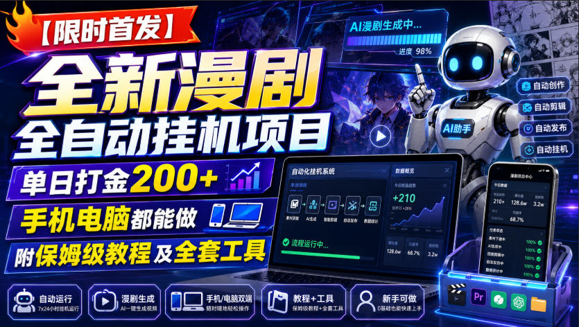 【限时首发】全新漫剧全自动挂G项目，单日打金200+，手机电脑都能做，附保姆级教程及全套工具【揭秘】-LanTi云网创
