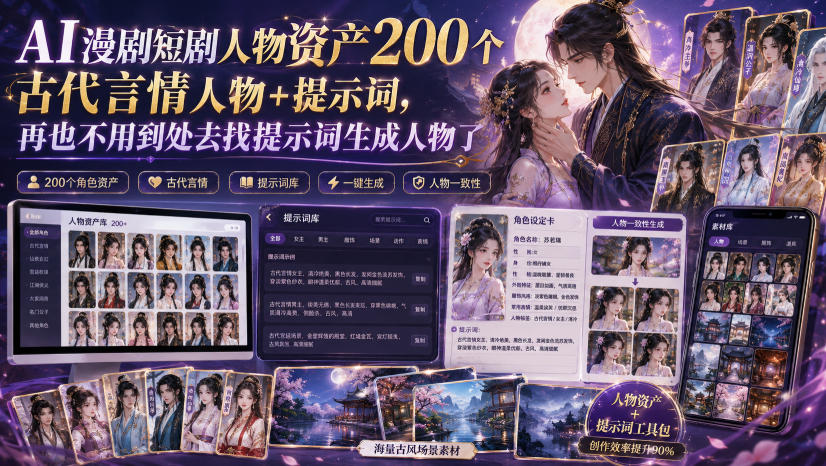 AI漫剧短剧人物资产200个古代言情人物+提示词，再也不用到处去找提示词生成人物了-LanTi云网创