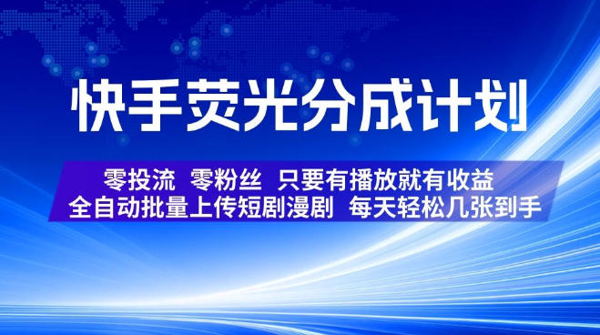 快手荧光分成计划，全自动批量上传短剧漫剧，每天轻松几张到手，零投流零粉丝，只要有播放就有收益【揭秘】-LanTi云网创