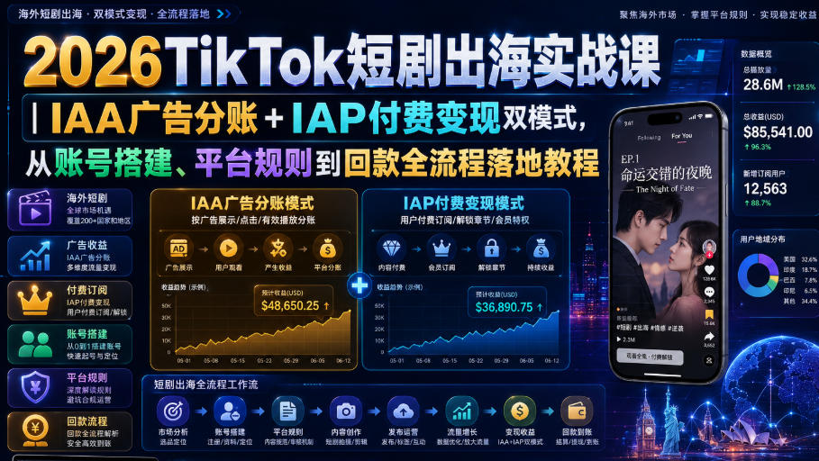 2026TikTok短剧出海实战课｜IAA广告分账+IAP付费变现双模式，从账号搭建、平台规则到回款全流程落地教程-LanTi云网创