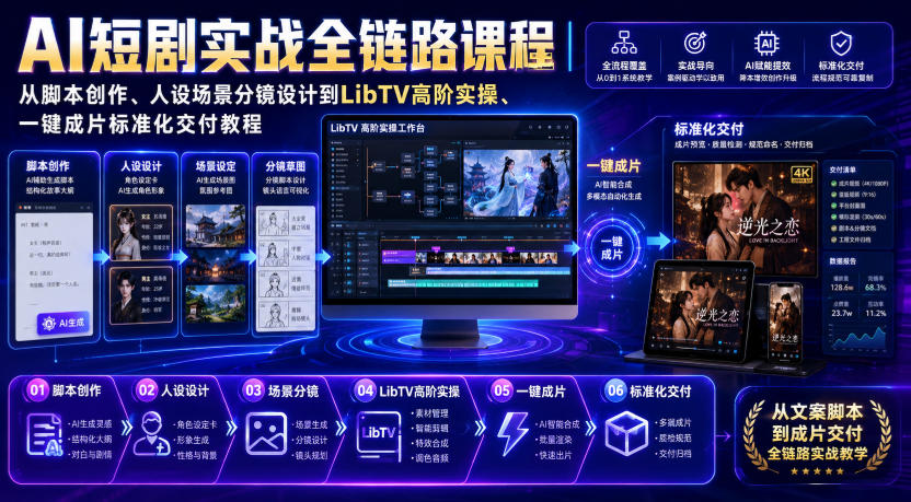 AI短剧实战全链路课程｜从脚本创作、人设场景分镜设计到LibTV高阶实操、一键成片标准化交付教程-LanTi云网创
