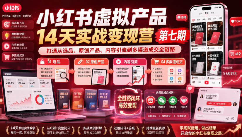 小红书虚拟产品14天实战变现营第七期，打通从选品、原创产品、内容引流到多渠道成交全链路-LanTi云网创